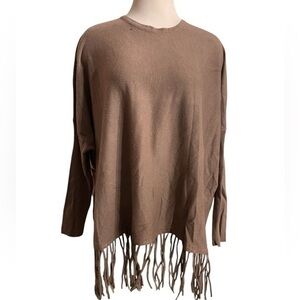CYRUS Taupe Brown Rayon Blend Fringe Oversized Crewneck Sweater Size LARGE